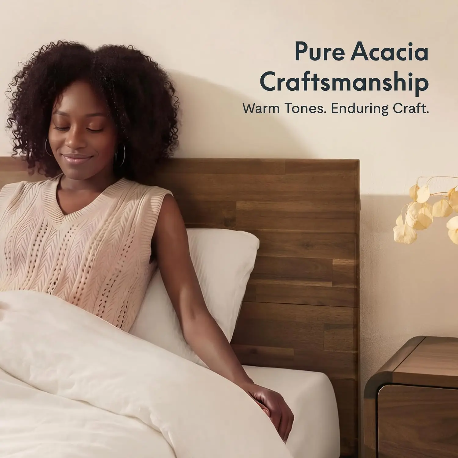 Solid Acacia Wood Bed  Tool-Free Assembly Bedroom Furniture, Customized