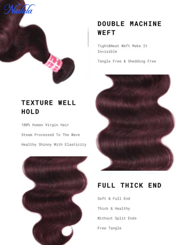 Nadula الكرز الأسود الملونة حزم الشعر البشري مع إغلاق 100% غير المجهزة البرازيلي الجسم موجة عذراء لحمة شعر بشري