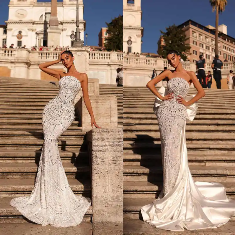 

Великолепное свадебное платье-русалка без бретелек с кружевом, длиной в пол, в стиле принцессы, на заказ, Vestidos De Novia