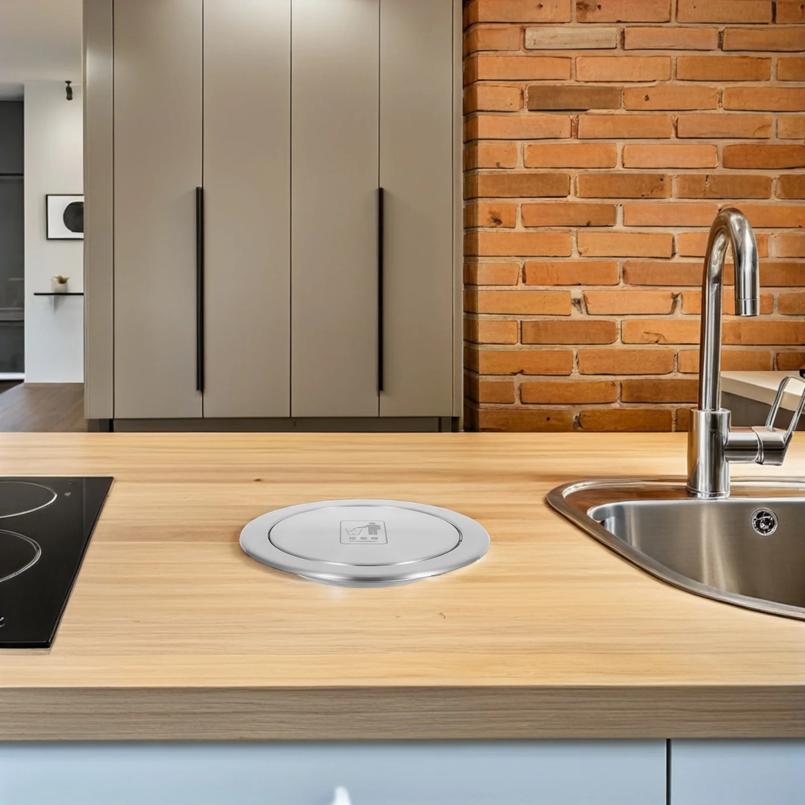 

Stainless Steel Flip Trash Can Recessed Countertop Cover Space Saving Odor Isolation Kitchen Bathroom Use Waste Bin Lid