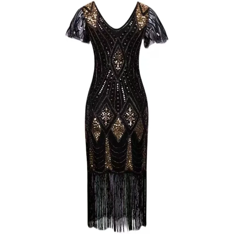 Embellished Beaded Sequin Dress Robe Vestidos Women 1920s Flapper Dress Vintage V Neck Butterfly Sleeve Long Great Gatsby Dress