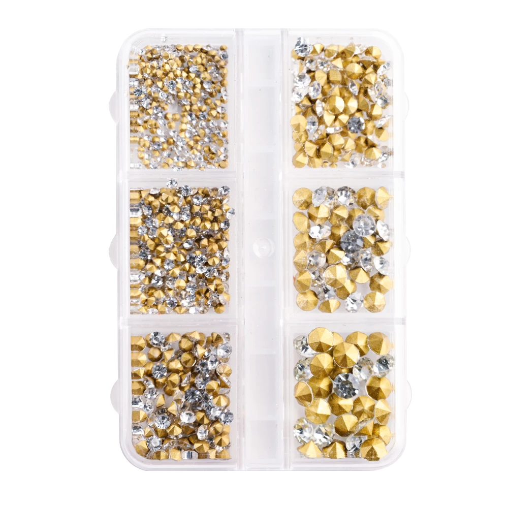 1000pcs Cone Diamond Nail Rhinestones Mix Size 2/3/4mm Mini Glass Stone Nail Art Decoration Gem Gold Back Sparkly Manicure Jewel