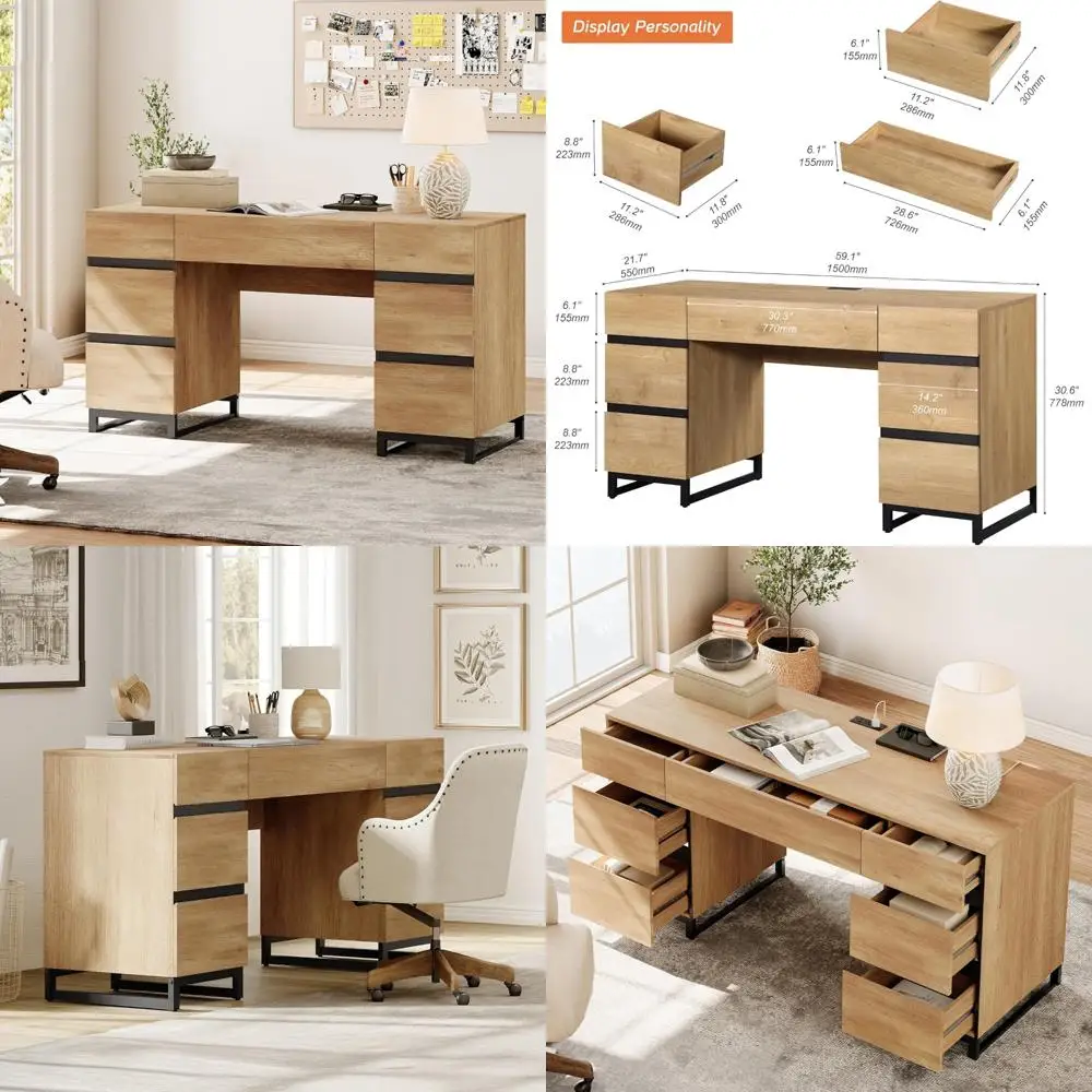 

Современный 59-дюймовый деревянный стол для руководителей с выдвижными ящиками, зарядной станцией и хранилищем файлов для офиса и учебы.