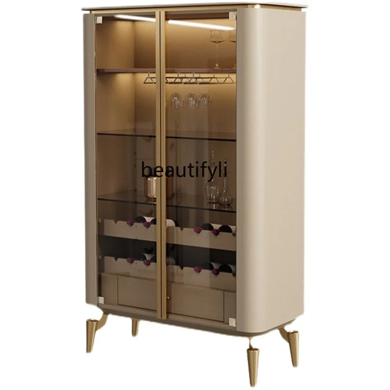 Post-Modern Light Luxury Tall Wine Cabinet Simple Italian High-End Living Room Wall Stainless Steel Glass Double Door