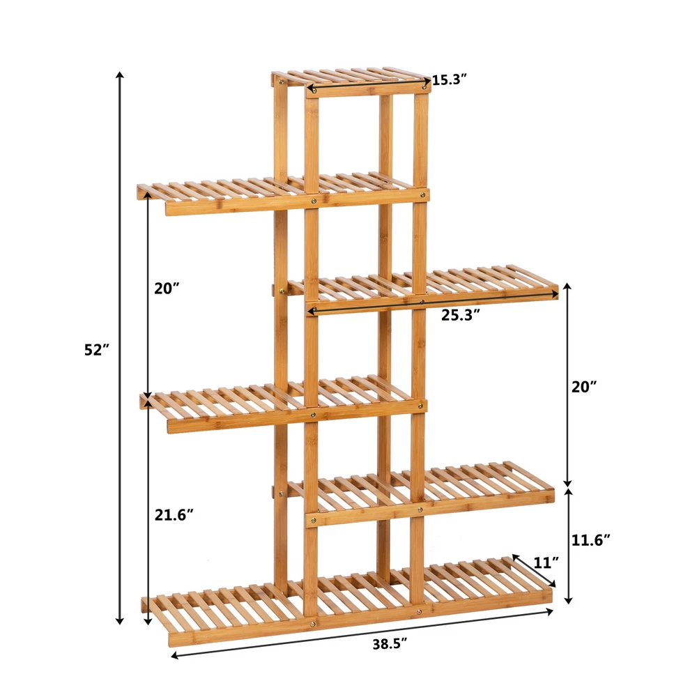 100% Bamboo Plant Frame 6-Layer 12-Seats Balcony Flower Stand Rack Office Living Room Garden Decoration Natural[US-Stock]