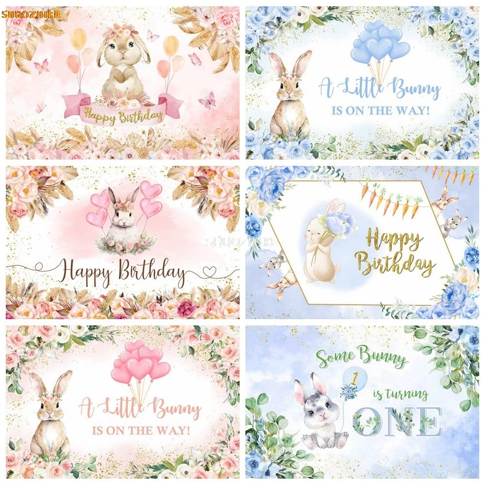 

Cute Rabbit Backdrop Flowers Leaves Bunny Spring Easter Baby Shower Kids Birthday Party Customize Photography Background Decor