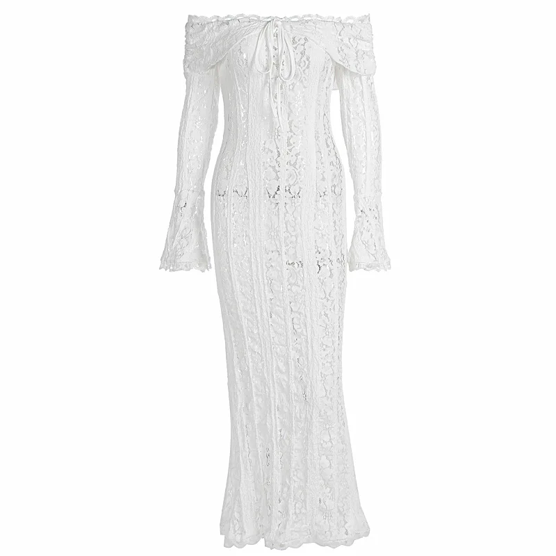 Lange Kleider im französischen Stil mit Spitze für Damen, 2026, elegant, schulterfrei, Abendparty-Kleider, luxuriöses, figurbetontes Kleid mit Blumenstickerei