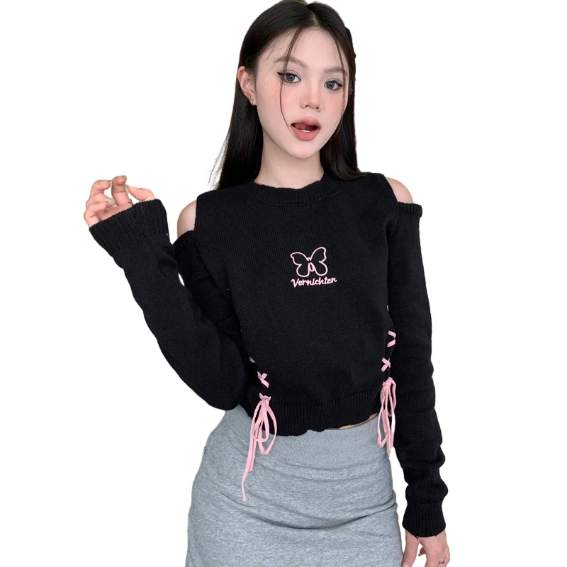 Women\'s Top O Neck Korean Version Butterfly Embroidery Sweet Casual Fashion Versatile Knitted Long Sleeves Sweater