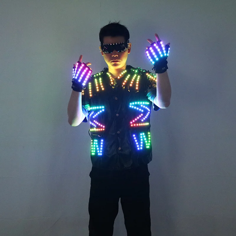 Nightclub Party LED Vest Jacket Gloves Light up Clothes DJ Dancer Stage Performance Wear Cosplay Rave Outfit