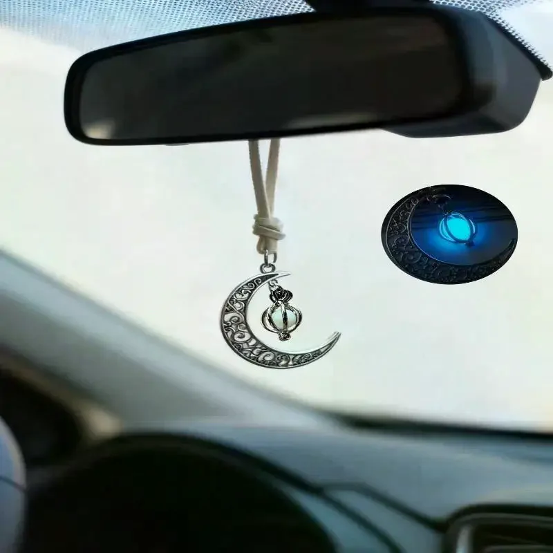 Moon Pendant Car Hanging Ornament – Hollow Crescent Design, Inlaid With Luminous Stone, Elegant Rearview Mirror Decor