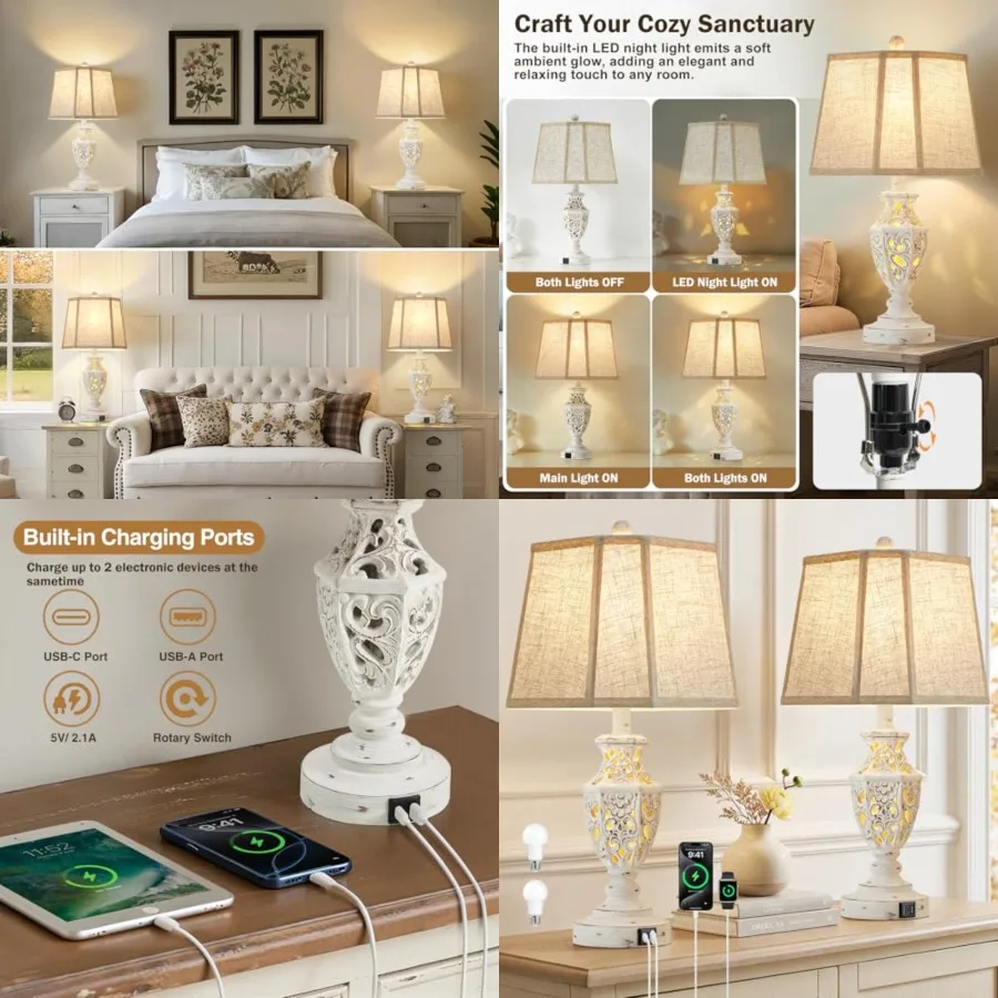 

Lamps for Night Stands Set of 2-23.5" Boho Bedside Lamp with USB A+C and Nightlight - Rustic Carved Resin Farmhouse Table Lamp
