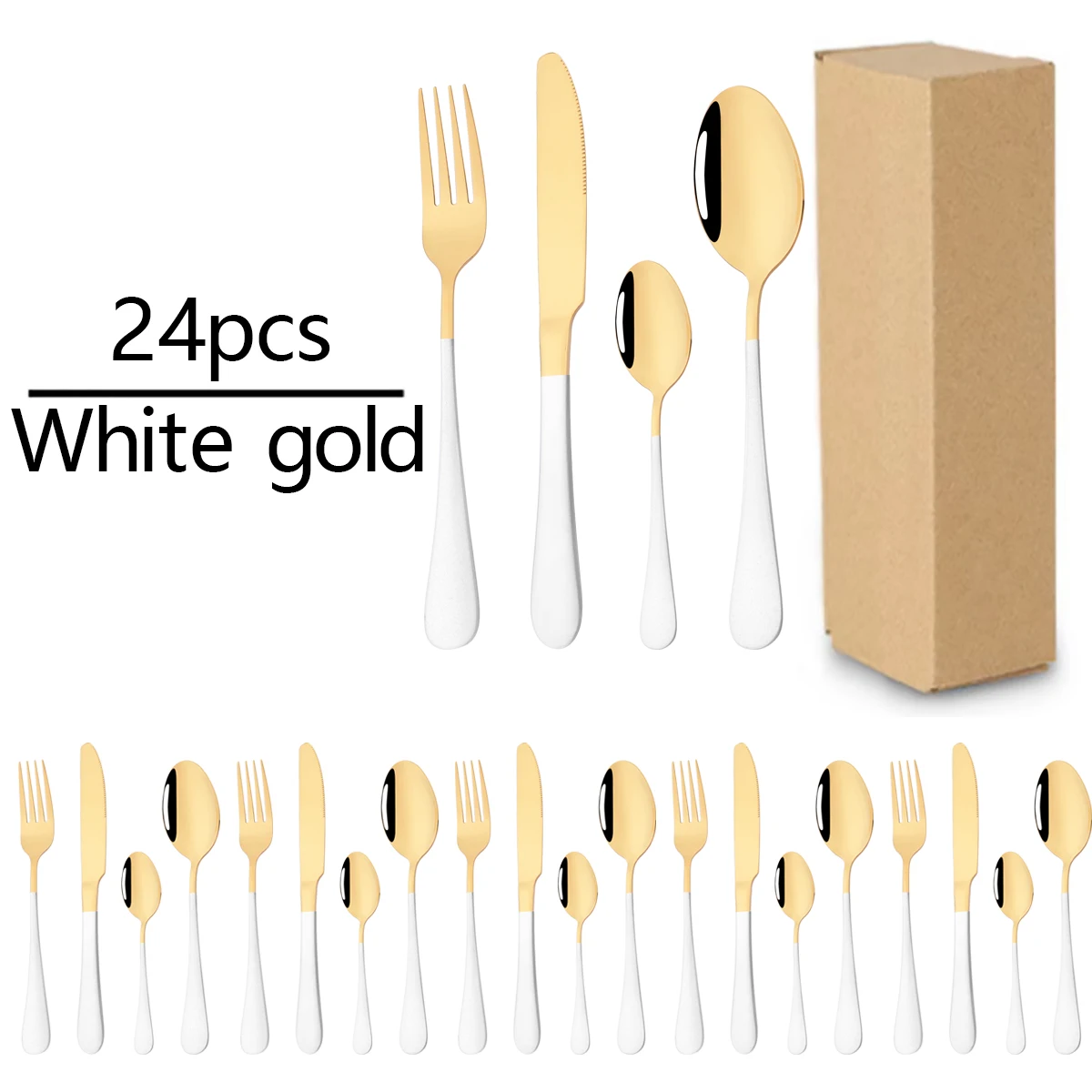 24pcs Mirror White Gold Dinnerware Set Knife Fork Coffee Spoon Cutlery Set Stainless Steel Flatware Western Kitchen Tableware