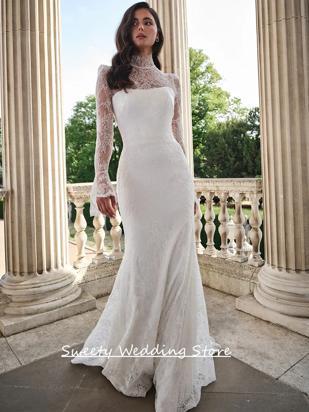 Abiti da sposa moderni a sirena in pizzo personalizzati collo alto maniche lunghe Sweep Train abito da sposa arabo Vestido Noiva