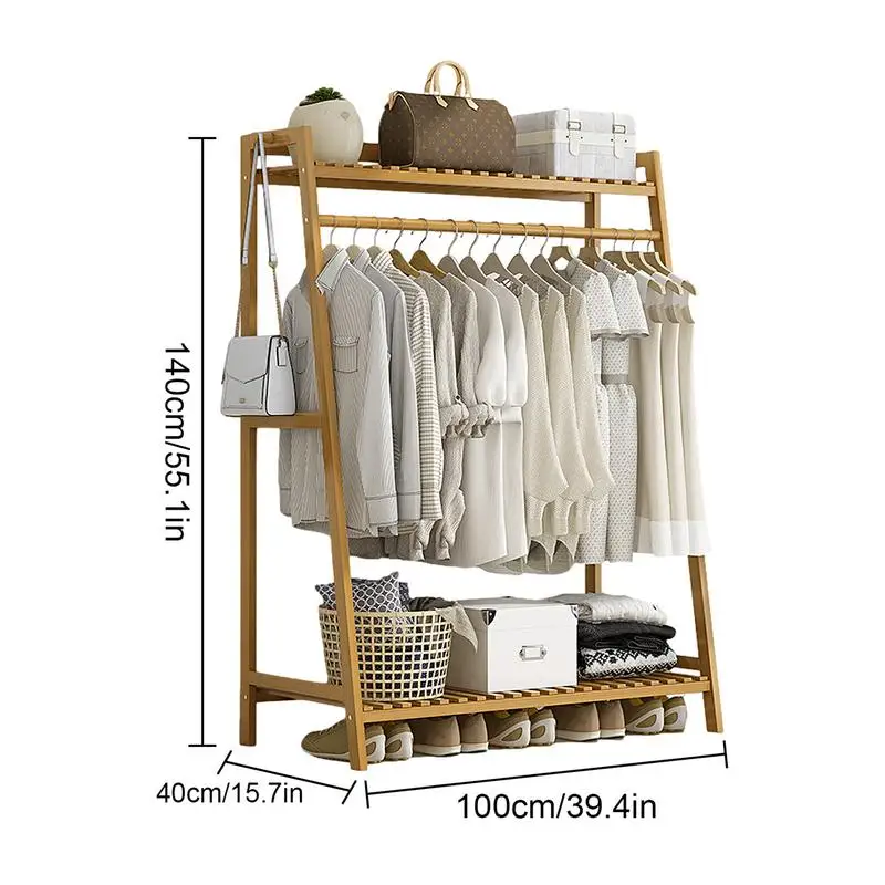 Bamboo Garment Coat Clothes Hanging Heavy Duty Rack with top shelf and 2-tier Shoe Clothing Storage Organizer Shelves