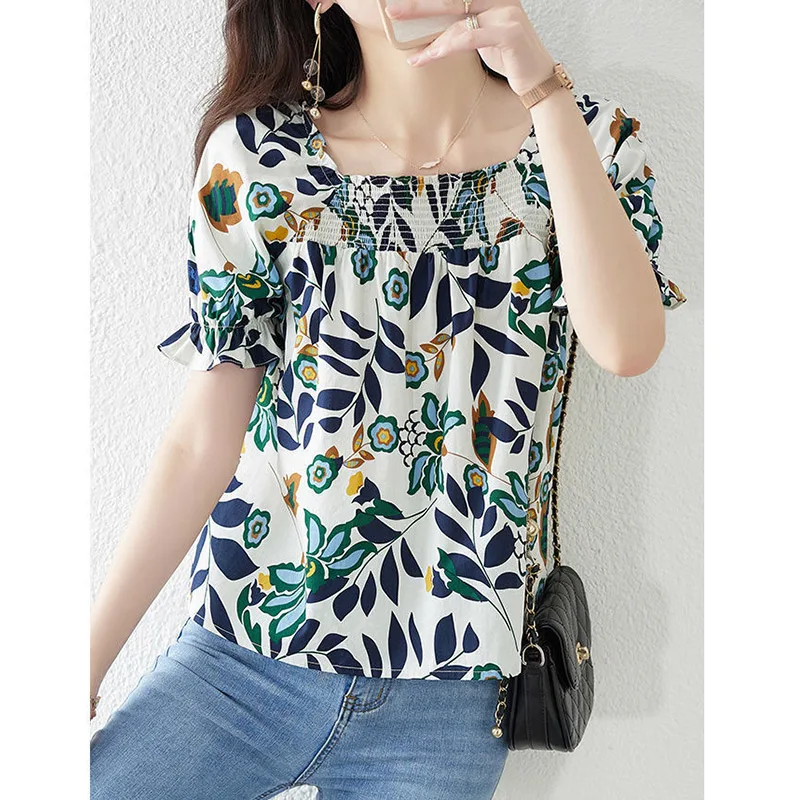 Summer Korean Fashion Quare Collar Floral Print Puff Sleeve Short Sleeve Chiffon Shirt Elegant Loose Casual Blouse Blusa Women