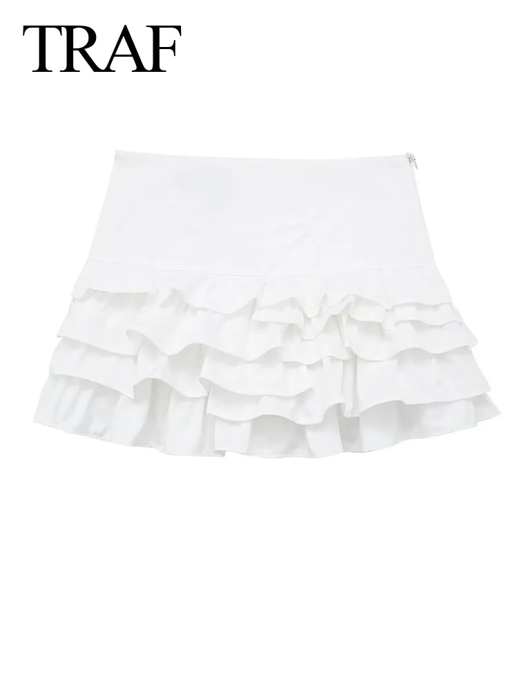 TRAF 2024 Women Fashion Skirt Solid White High Waist Ruffle Slim Zipper Fly Pleated Short Skirts Vintage Sweet Woman Mini Skirt