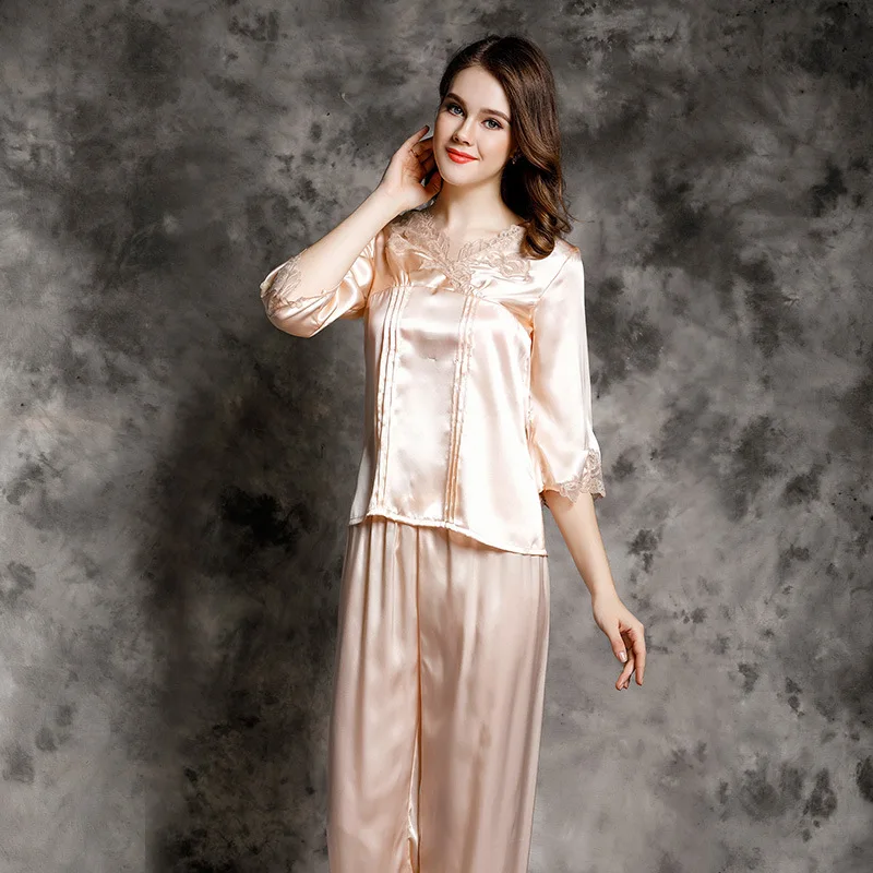 

V Neck 100% Mulberry Silk Women 2PCS Pajamas Set Sexy Lace Sleepwear Pijamas Suit Summer Half Sleeve Trouser Homewear Loungewear