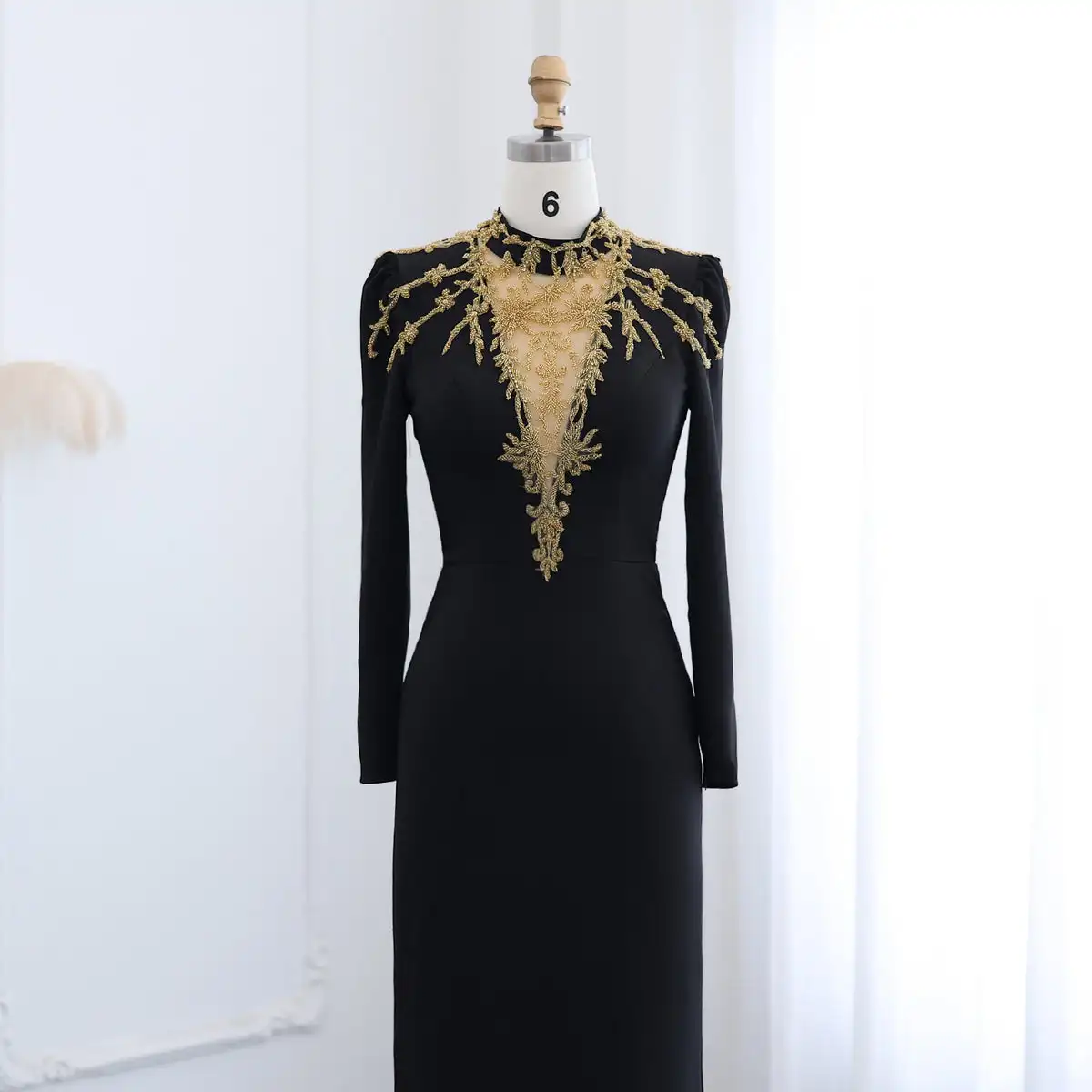 Jancember Elegant High Neck Long Sleeves Arabic Black Evening Dresses Gold Beaded Muslim Dubai Women Formal Party Gowns LSZ217