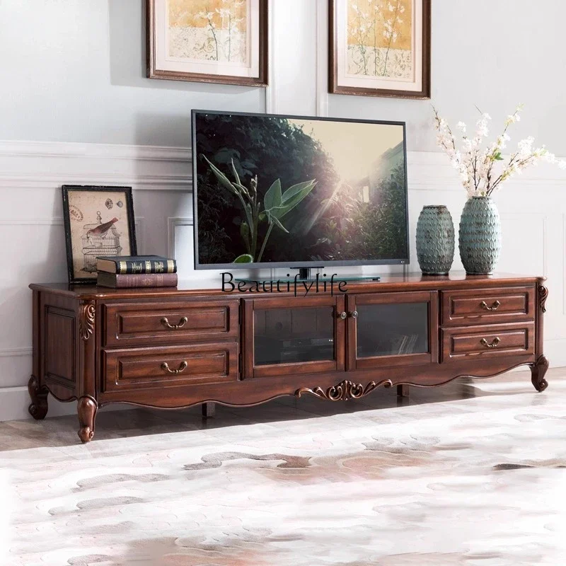 

yj19 American Style Solid Wood Living Room Floor Cabinet Retro TV Cabinet Dark Color