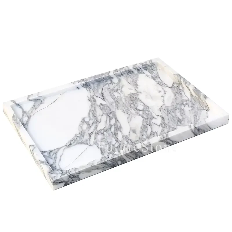 Plateau de service rectangulaire en marbre Arabescato de luxe, plateau décoratif en marbre naturel pour aliments, fruits, bijoux, pour la décoration de Noël