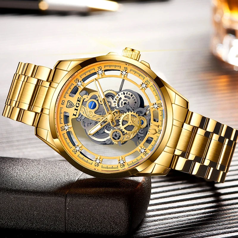 2024 LIGE Skeleton Gold Men Quartz Watches  Top Brand Skeleton Luxury Vintage Man Watch Mens Watches Waterproof Watch For Men