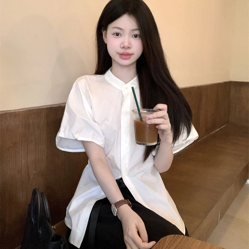 Reine Baumwolle Koreanische Frauen Hemd Sommer Weiß Preppy Puff Sleeve Lose Stricken Bluse Student Casual Süße Stehkragen Chic Neue Tops