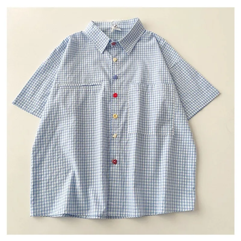 Thin Short Sleeve Plaid Shirt Women's Summer New Korean Style  Inner Wear Loose Top Outerwear  Collar Buttoned