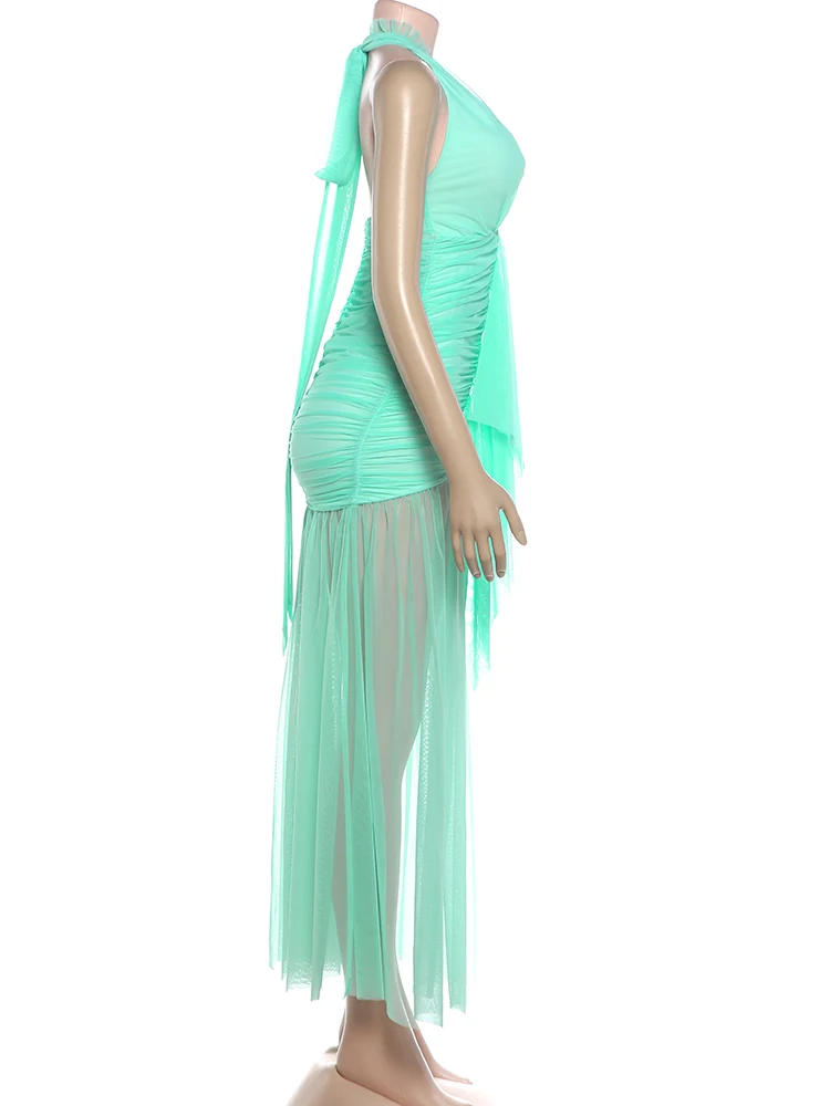 Weird Puss Elegantes Rückenfreies Kleid für Damen mit Tiefem V-Ausschnitt, Neckholder, Gerafftem Rock, Schlitz, Mesh-Patchwork, Sexy Party-Club-Kleid mit Pfirsichfarbenem Po-Effekt – Detail 5