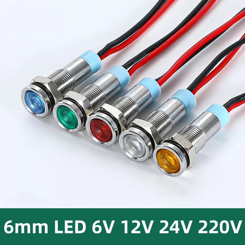 1 قطعة 6 مللي متر شقة رئيس LED مؤشر معدني ضوء 6 مللي متر مقاوم للماء مصباح إشارة 6 فولت 12 فولت 24 فولت 220 فولت مع سلك أحمر أصفر أزرق أخضر أبيض