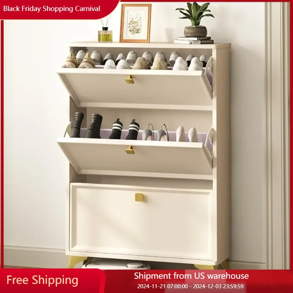 Shoe Storage Cabinet with 3 Flip Drawers, Shoe Rack Cabinet with 3-Tier Removable Shelves and Golde Handles,Shoe Organizer