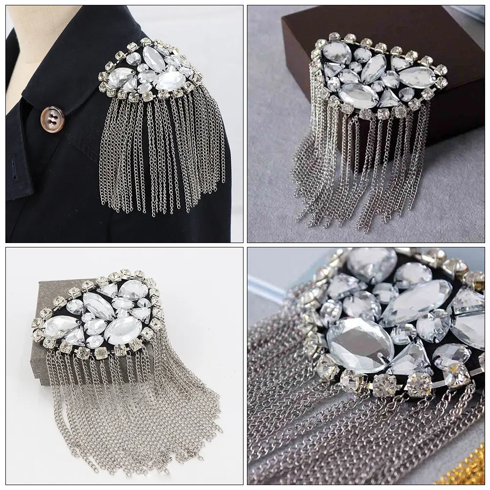 1Pcs Metal Rhinestone Brooch with Tassel for Clothing Suit Jacket Stage Costume Shoulder Board Epaulet Accessory Alloy