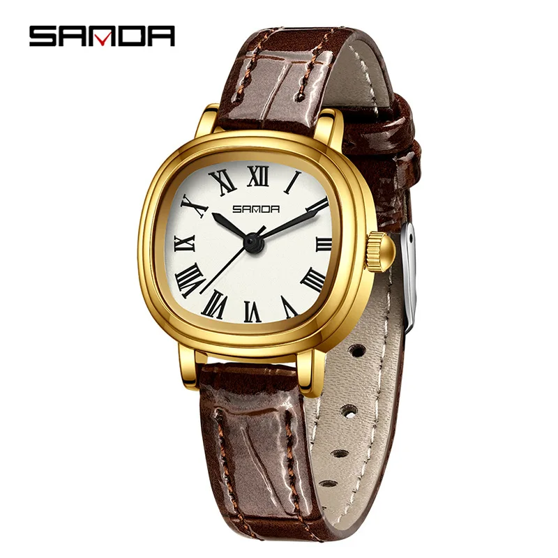 SANDA 1137 Women Quartz Watch Fashion Elegant Brown Black Simple Roman Analog Display Leather Strap Wristwatch for Ladies