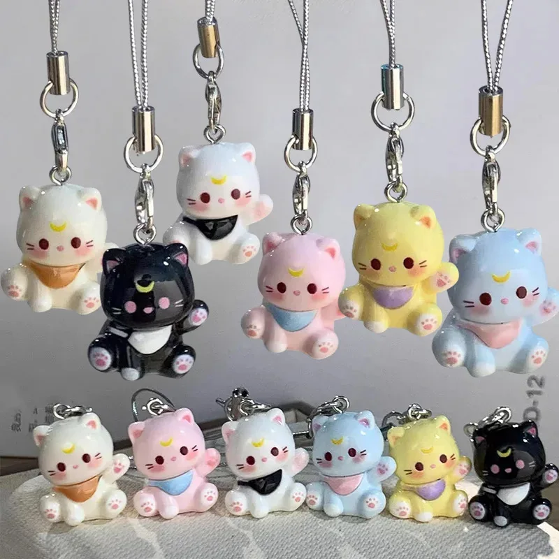 New Cartoon Small Cat Cute Keychain Phone Chain Resin Keyring AirPods Box Pendant Couple Car Key Chains Gifts Women for Jewelry