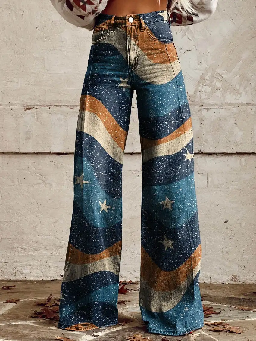 2024 European and American hot sale super soft slim women's casual high-waisted trousers printed wide legs