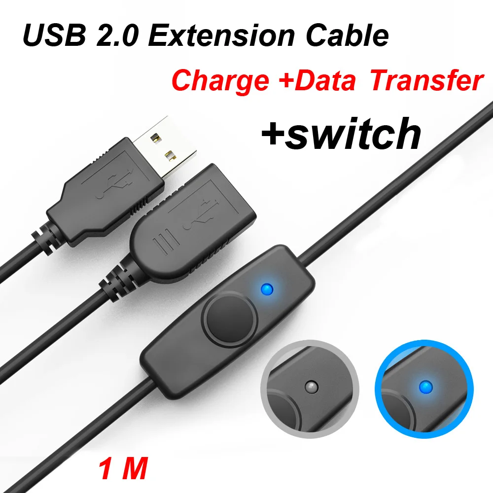 Cable extensor USB 2,0 de sincronización de datos de 1M, Cable con interruptor de encendido y apagado, indicador LED, cargador de transmisión de datos para Raspberry PC