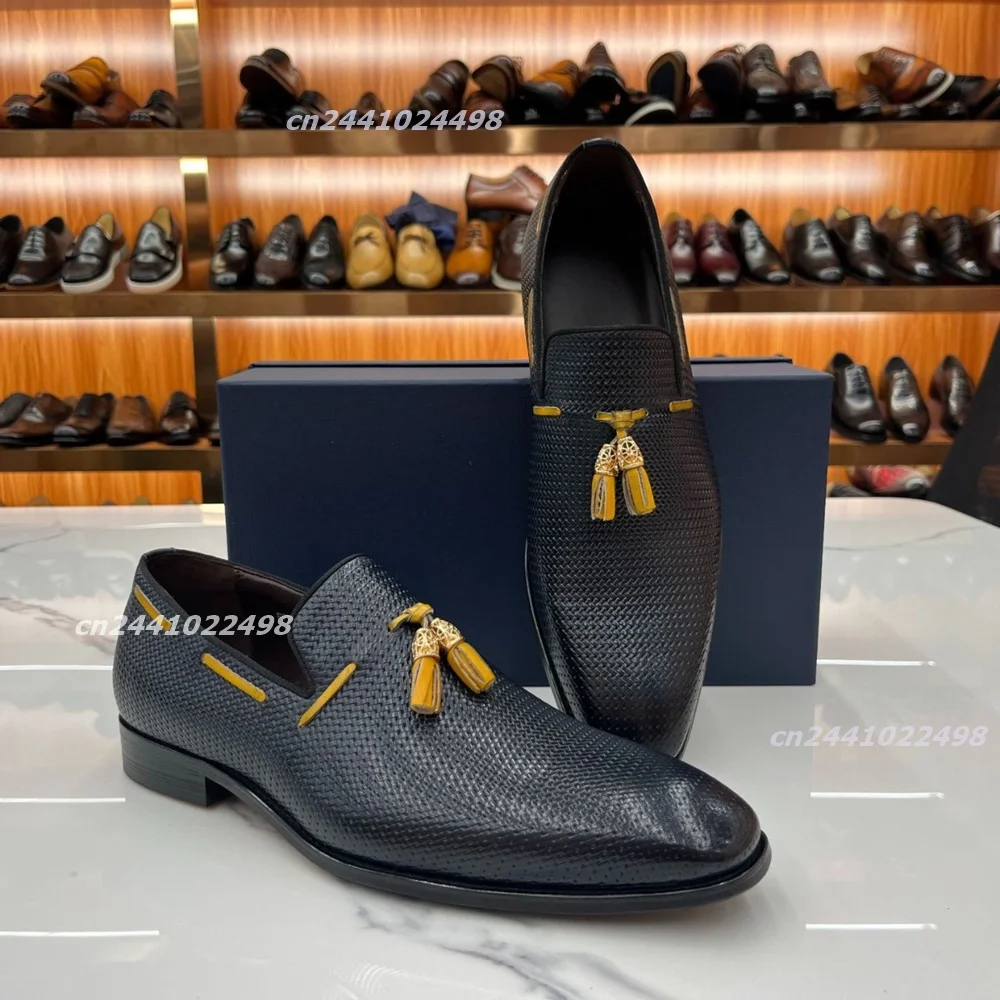 1. Men Slip On Tassel Loafers, Pebbled Embossed Surface Tassel Decor Dress Shoes Low Block Heel Synthetic Closed Toe Footwear