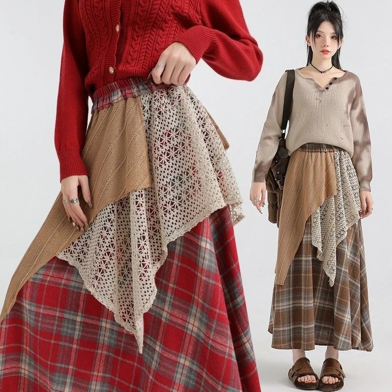 

Asymmetrical Splice Vintage Skirts Plaid Casual Hollow Out Print Slim Subculture Patchwork Fold Sweet Woman Skirt 2025 Autumn