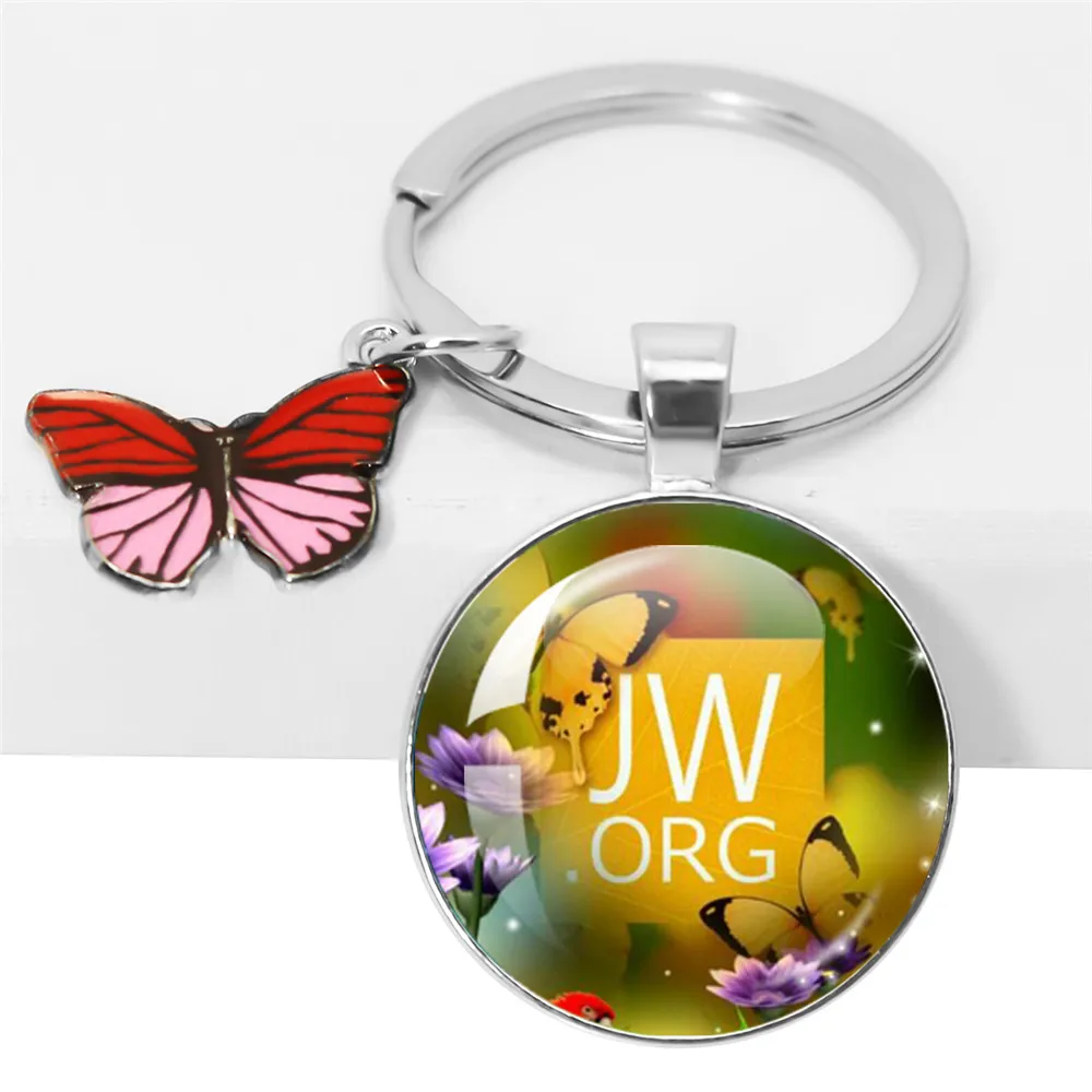 Llavero Jw.Org, testigo de Jehová, mariposa, flores, arte impreso, foto, llavero colgante de cristal de Metal, accesorios de mariposa, joyería
