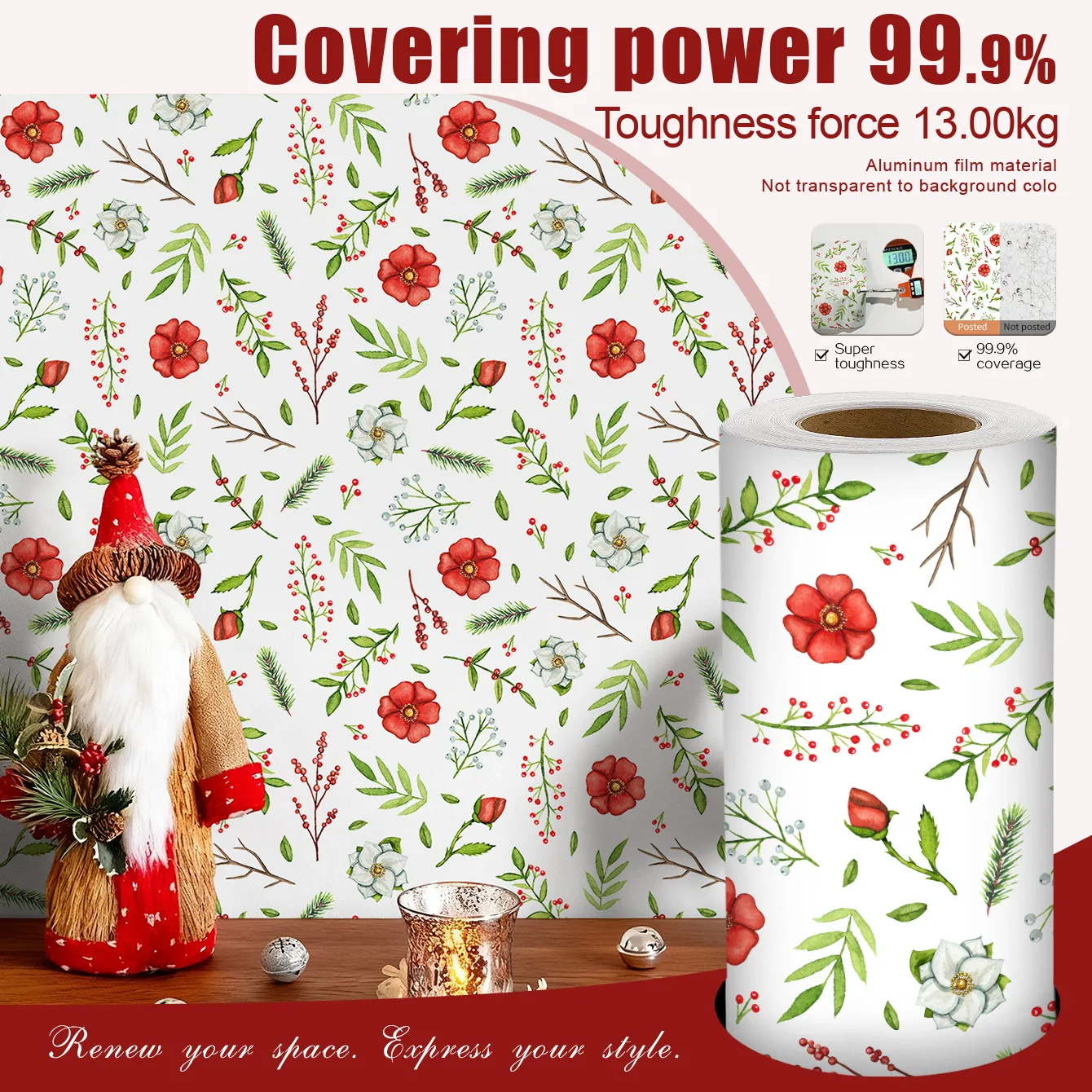 

Рождественские цветочные обои-наклейки для дома, съемные, самоклеящиеся, водонепроницаемые, для кухонных шкафов и столешниц