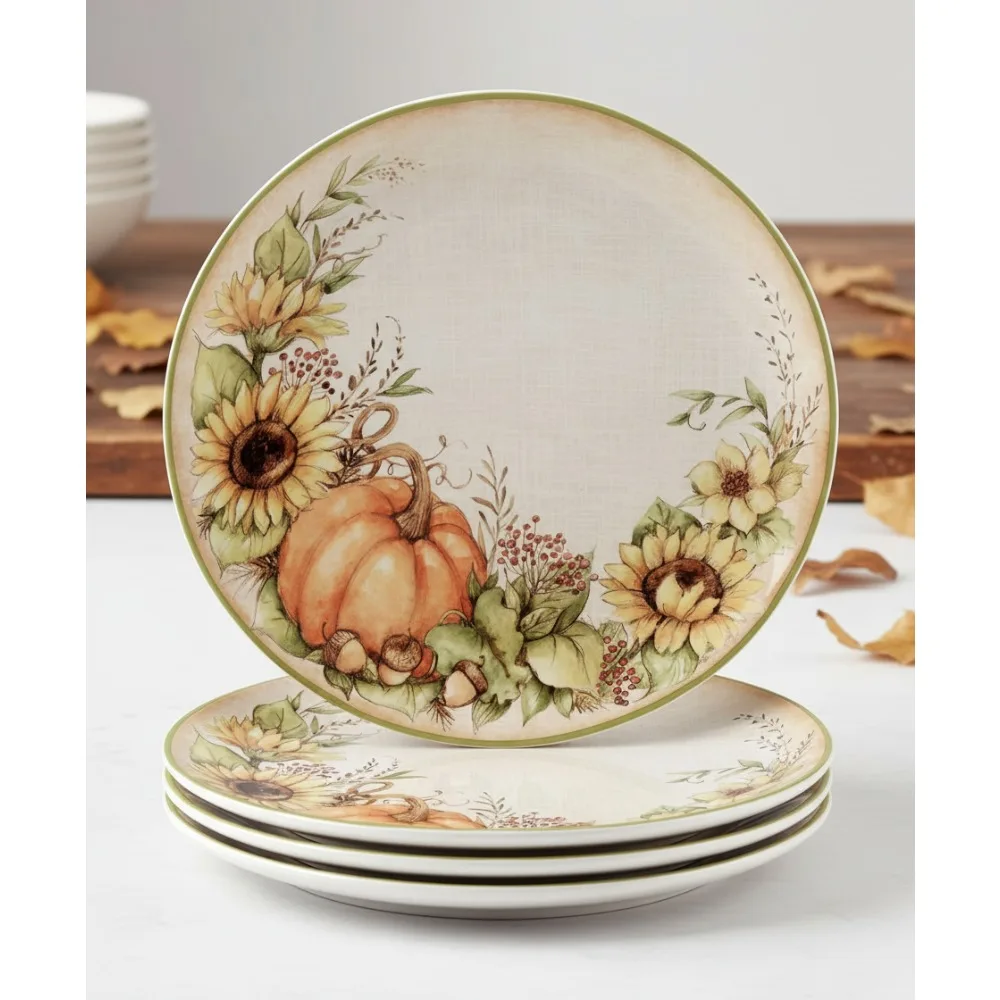 

Autumn Harvest Dinner Plates Set of 4 - Rustic Pumpkin Sunflower Leaf Design for Fall Dining Decor & Gifts