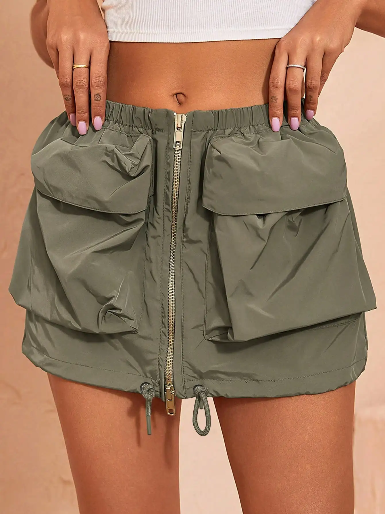 Y2K Women Fashion Cargo Skirt Vintage Flap Pocket Zip Front Drawstring Hem Elastic Waist Female Summer Casual Skirt Streetwear