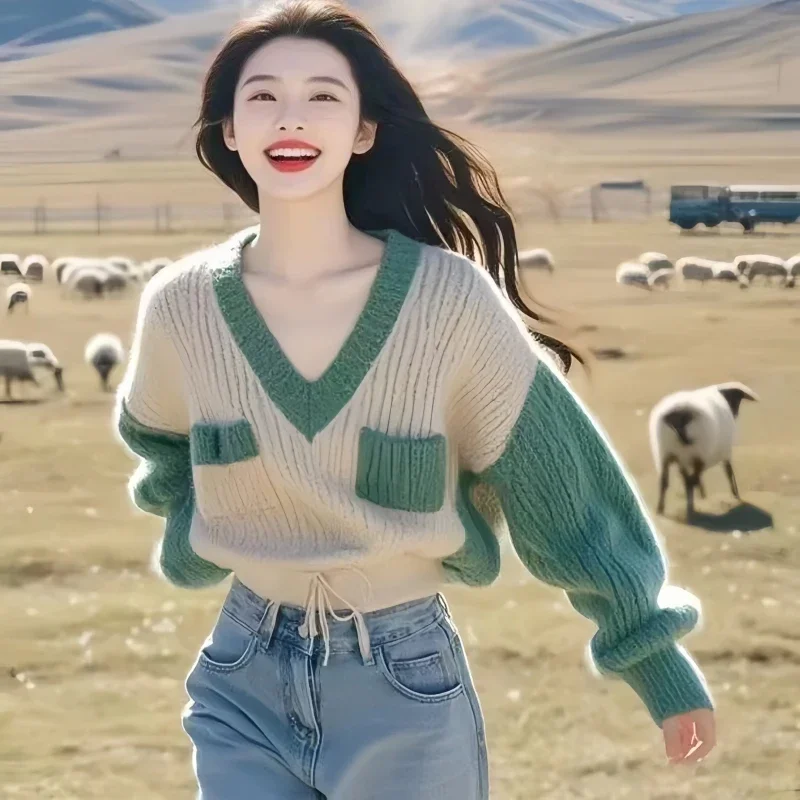 2025 moda Otoño suéter de manga larga elegante mujer cuello en V Jersey de punto suelto invierno cálido suave suéter Casual Top de punto