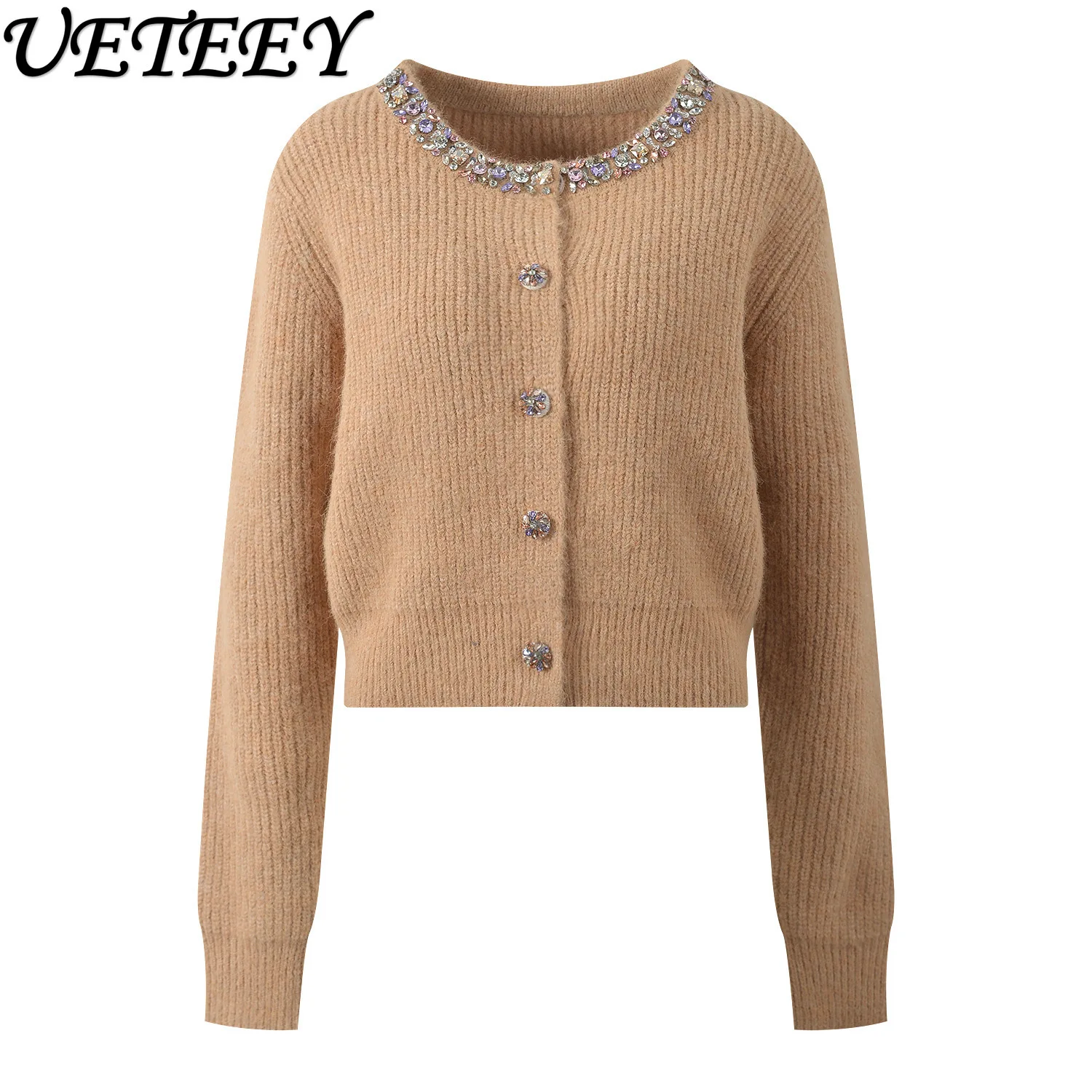 

Осень-зима 202, новый роскошный красочный облегающий кардиган со стразами, модный универсальный короткий вязаный кардиган, пальто, женский свитер, топ