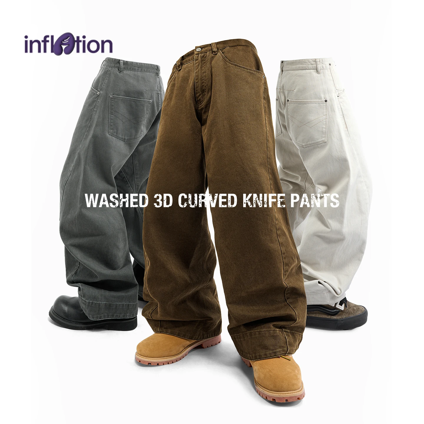 

INFLATION 2025 Autumn Men's 3D Washed Curved Hem Pants Vintage Distressed Workwear Jeans Lumberjack Style Trousers