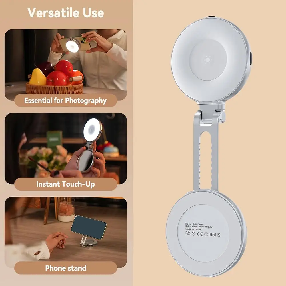 Luce di riempimento magnetica per smartphone pieghevole Mini selfie Luce regolabile Makup 3 modalità di luminosità Specchio girevole Fotografia O7B4