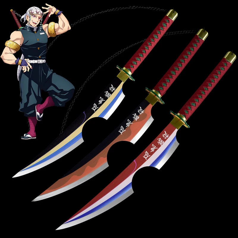 

Anime Demon Slayer Cosplay Kimetsu no Yaiba Replica Twin Uzui Tengen Swords Strap 83cm Wooden Props Hallween Christmas