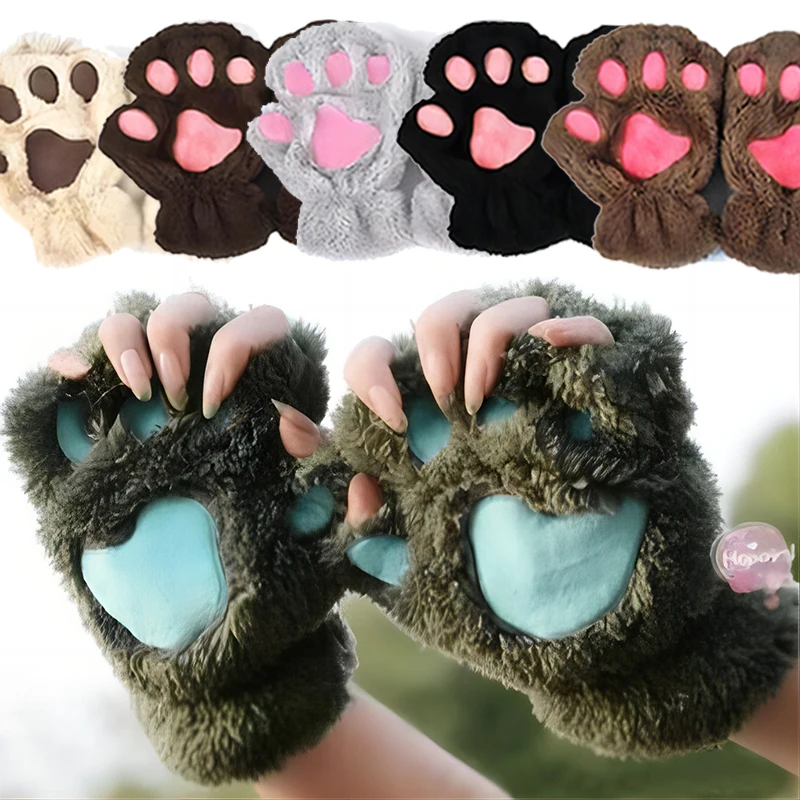 

Korean Fashionable Versatile Cat Claw Gloves Winter Cute Cartoon Cat Girl Open Finger Gloves Thickened Plush Comfortable Gloves