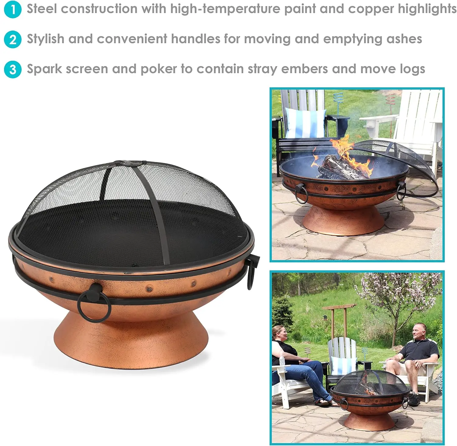 30-Inch Raised Outdoor Fire Pit Bowl - with Handles, Log Poker, and Spark Screen - Copper Finish