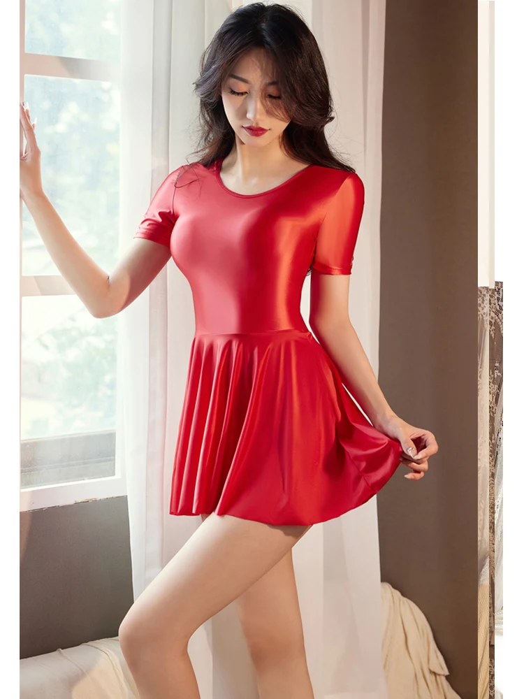 Women\'s Short Sleeve Round Neck Dress Sexy Sweet Uniform Maid Wear Shiny Soft Smooth Ruffled Ultrashort Dress Candy Color