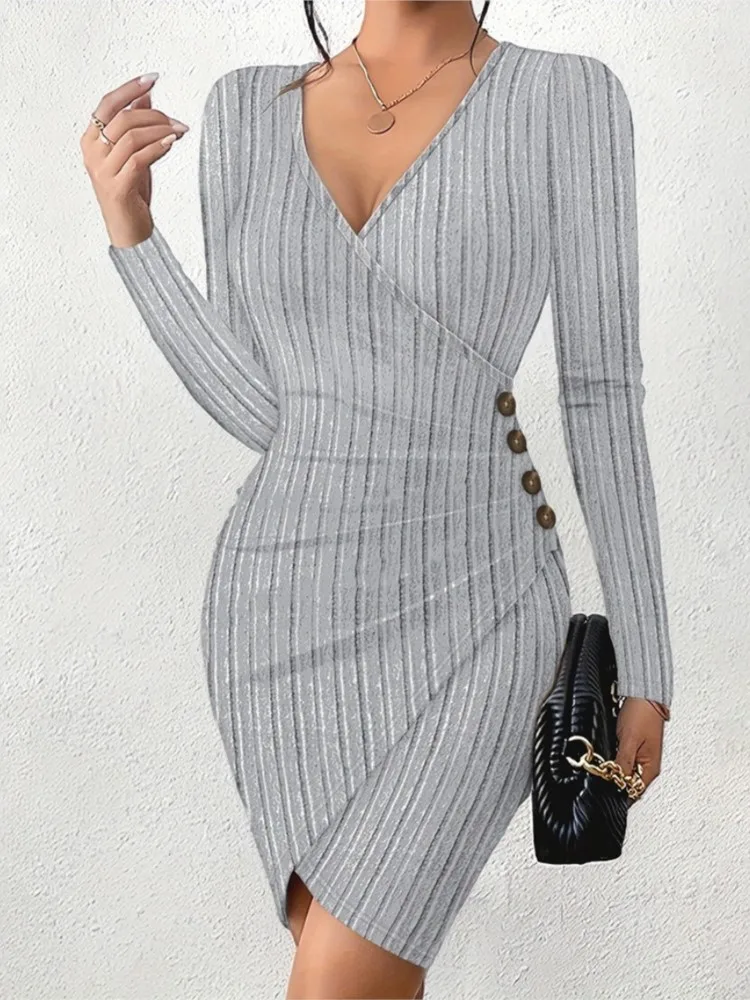 Elegant Slim Office Lady Dress Sexy V-neck Slit Knitted Package Hip Dress For Women Autumn Winter Long Sleeve Bodycon Dresses